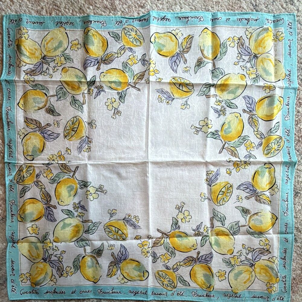 Vintage French Lemon & Citrus Botanical Cotton Square Handkerchief / Scarf 18”